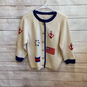 VINTAGE 100% WOOL NAUTICAL THEME EMBROIDERED CARDIGAN SWEATER IN IVORY